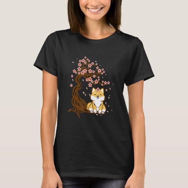 Shiba inu dog sitting under cherry blossoms tree T-Shirt (Front)