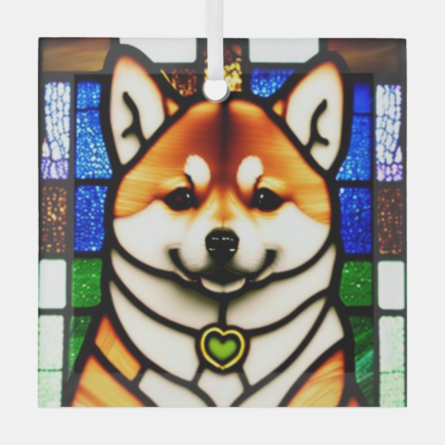 Shiba Inu Dog "Stained Glass"  Glass Tree Decoration (Front)