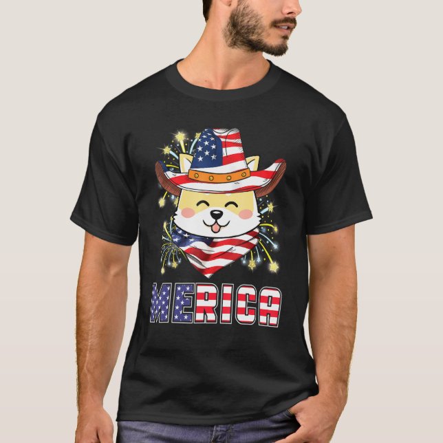 Shiba Inu Dog Us Flag Hat Fireworks Merica 4th Of  T-Shirt (Front)