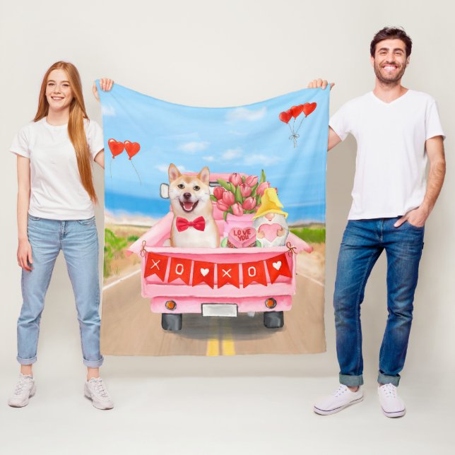Shiba Inu Dog Valentine's Day Truck  Fleece Blanket (In Situ)