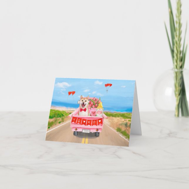 Shiba Inu Dog Valentine's Day Truck Hearts Card (Front)