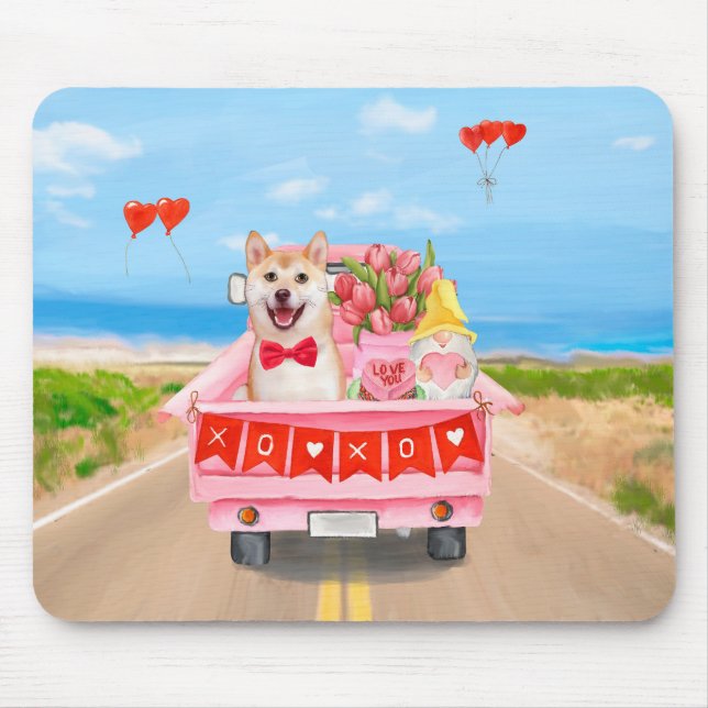 Shiba Inu Dog Valentine's Day Truck Hearts Mouse Pad (Front)