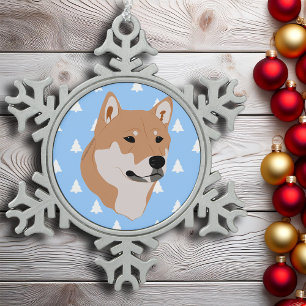 Shiba Inu Dog White Christmas Tree Pattern Snowflake Pewter Christmas Ornament