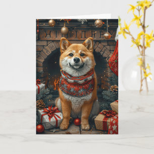 Shiba Inu Dog With Christmas Gifts Fireplace Card