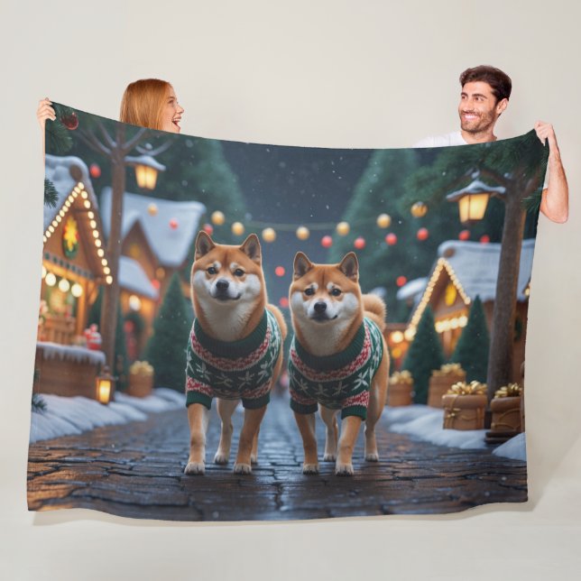 Shiba Inu Dogs Christmas Snow Holiday Fleece Blanket (In Situ)