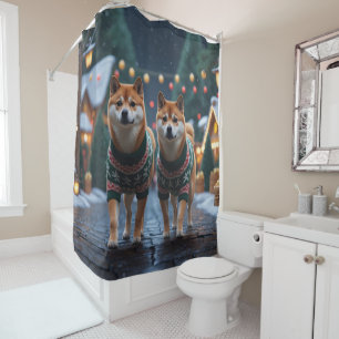 Shiba Inu Dogs Christmas Snow Holiday Shower Curtain