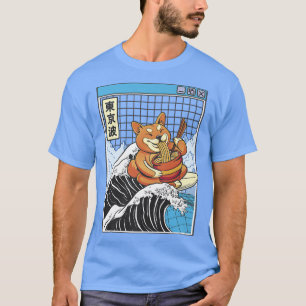 Shiba Inu Eating Ramen Surfing Kanagawa Wave Japan T-Shirt