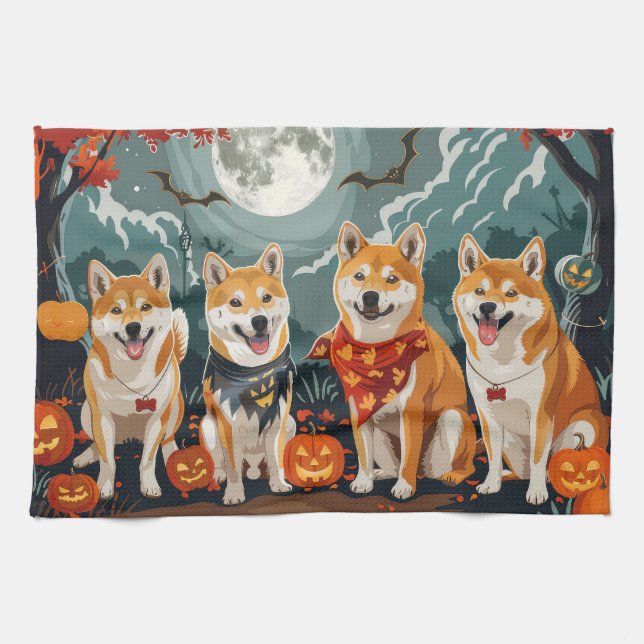 Shiba Inu Halloween Spooky Tea Towel (Horizontal)