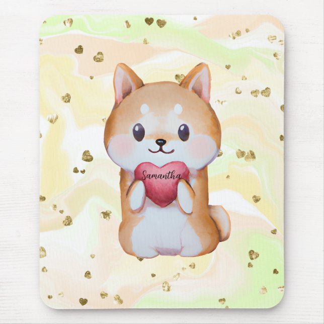 Shiba Inu Holding A Heart Mouse Pad (Front)