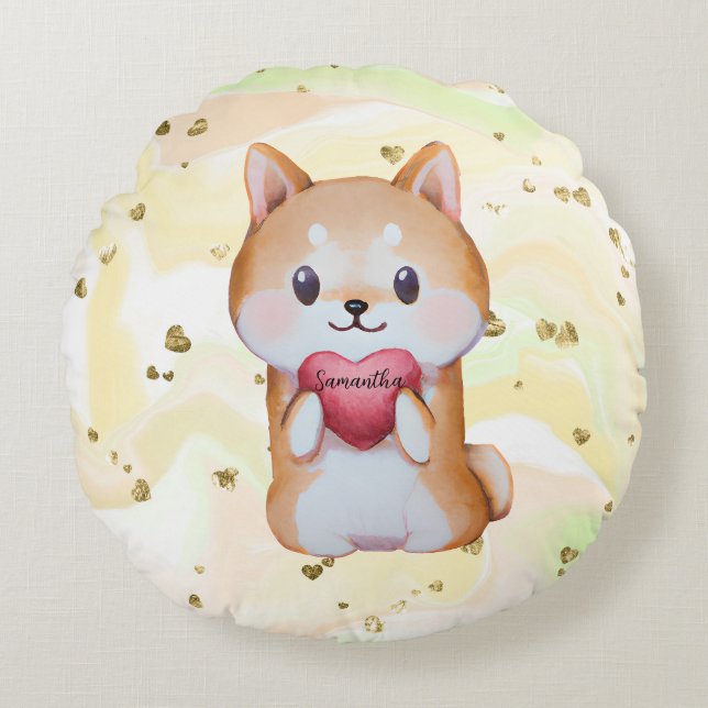Shiba Inu Holding A Heart Round Cushion (Front)