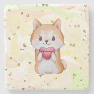 Shiba Inu Holding A Heart Stone Coaster