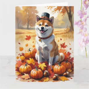 Shiba Inu In Autumn Leaves Thanksgiving Art  Card