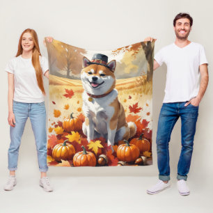 Shiba Inu In Autumn Leaves Thanksgiving Art Fleece Blanket