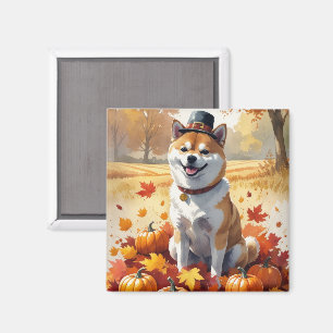 Shiba Inu In Autumn Leaves Thanksgiving Art Magnet