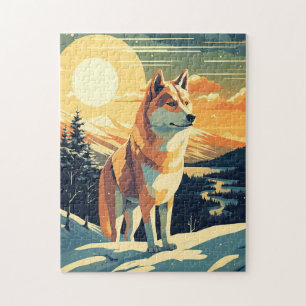 Shiba Inu in the snowy mountains during sunset Jigsaw Puzzle
