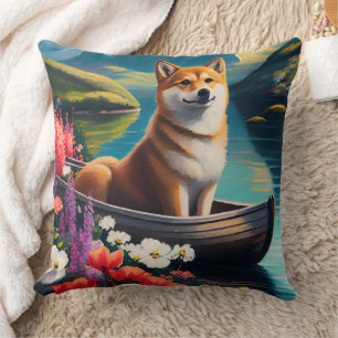 Shiba Inu on a Paddle: A Scenic Adventure Cushion