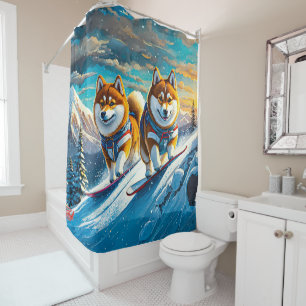 Shiba Inu On Snowboards 02 Design: Rich AMeN Gill Shower Curtain