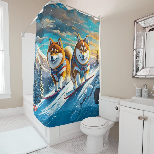 Shiba Inu On Snowboards 02 Design: Rich AMeN Gill Shower Curtain (In Situ)
