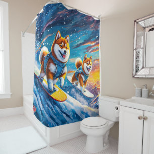 Shiba Inu On Snowboards Design by Rich AMeN Gill Shower Curtain