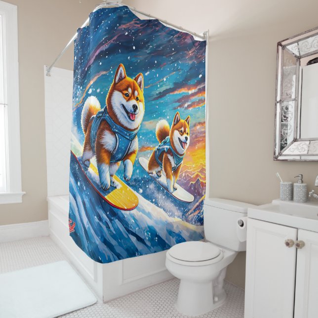 Shiba Inu On Snowboards Design by Rich AMeN Gill Shower Curtain (In Situ)