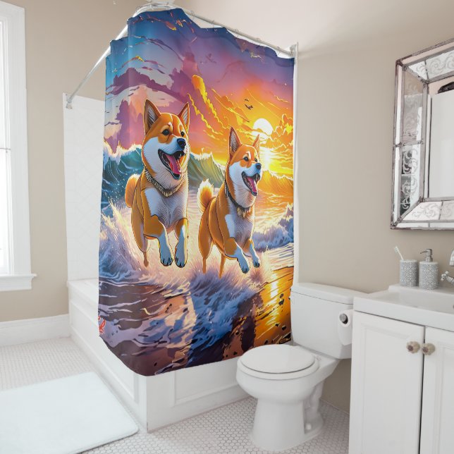 Shiba Inu Playing In Waves Design : Rich AMeN Gill Shower Curtain (In Situ)