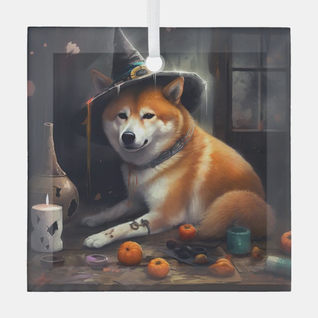 Shiba Inu Pumpkins Halloween Scary Glass Tree Decoration (Front)