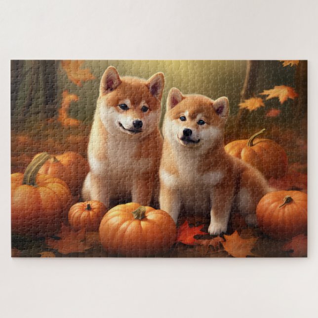 Shiba Inu Puppy Autumn Delight Pumpkin Jigsaw Puzzle (Horizontal)