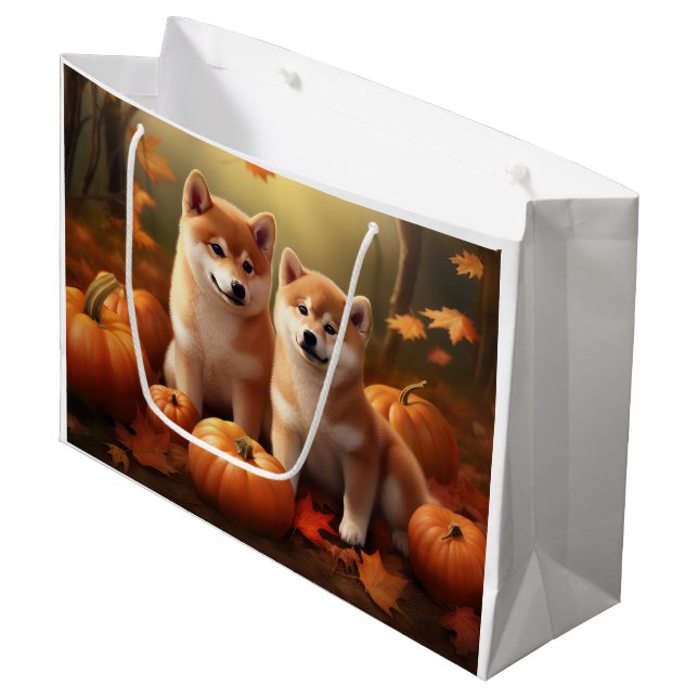 Shiba Inu Puppy Autumn Delight Pumpkin Large Gift Bag (Front Angled)