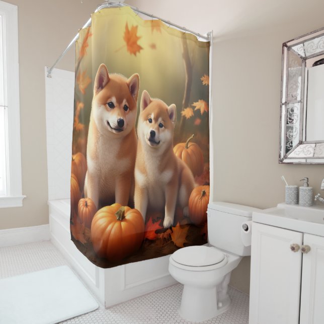 Shiba Inu Puppy Autumn Delight Pumpkin Shower Curtain (In Situ)