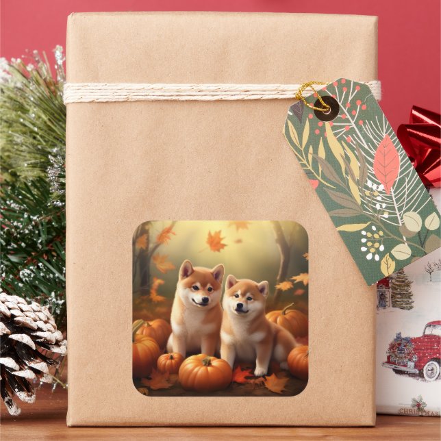 Shiba Inu Puppy Autumn Delight Pumpkin Square Sticker (Holiday)