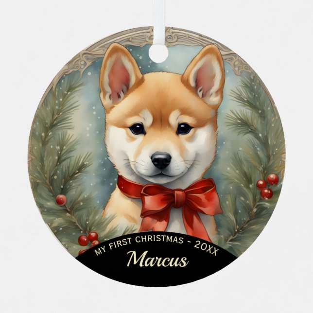 Shiba Inu Puppy First Christmas Ornament (Front)