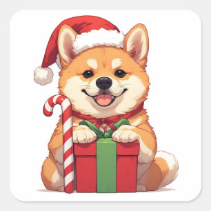Shiba Inu Puppy Holding Christmas Present In Santa Square Sticker