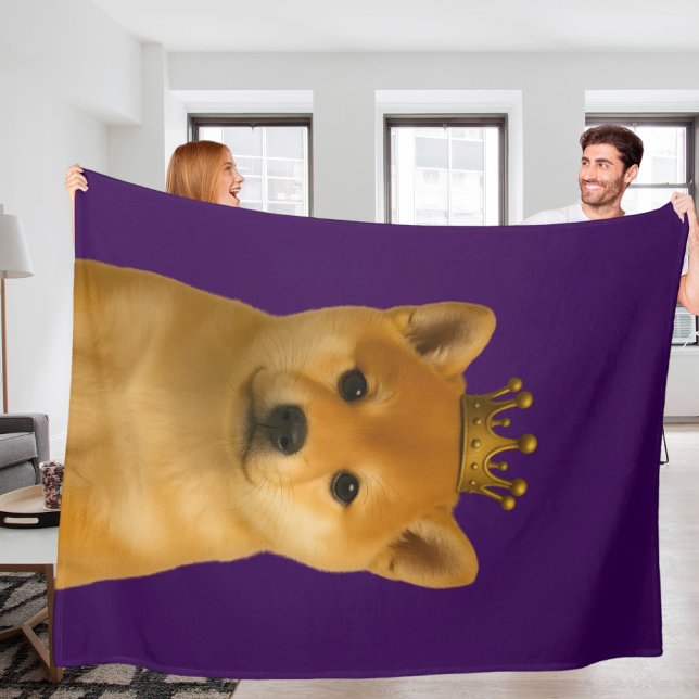 Shiba Inu Puppy in Gold Crown Cute Fleece Blanket (Shiba Inu Puppy in Gold Crown Cute Fleece Blanket by Ricaso. Shiba pup on purple throw blanket)