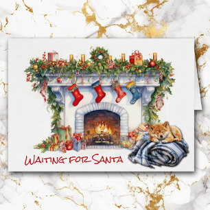 Shiba Inu Puppy Wait for Santa Fireplace