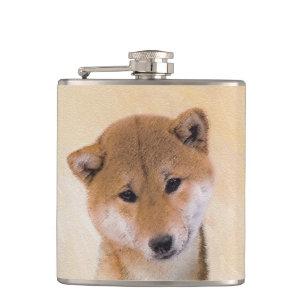 Shiba Inu (Red) Painting - Original Dog Art Hip Flask