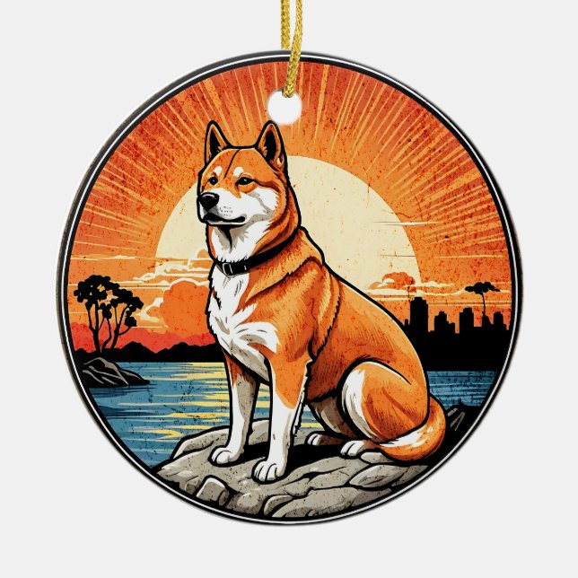 Shiba Inu Retro Sunset Dog Lover Ceramic Tree Decoration (Front)