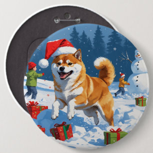 Shiba Inu Running in Snow with Christmas Hat 6 Cm Round Badge