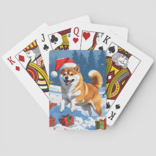 Shiba Inu Running in Snow with Christmas Hat Playing Cards