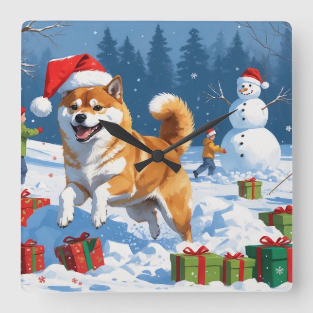 Shiba Inu Running in Snow with Christmas Hat Square Wall Clock (Front)
