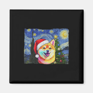 Shiba Inu Santa Hat Christmas Starry Night Art Dog Magnet