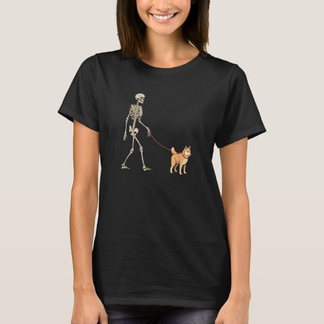Shiba Inu Skeleton Dog Walking Halloween Dog T-Shirt (Front)