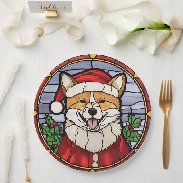 Shiba Inu Stained Glass Christmas  Paper Plate (Wedding)