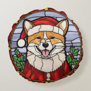 Shiba Inu Stained Glass Christmas  Round Cushion