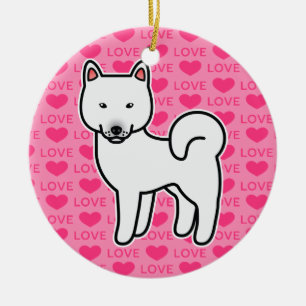 Shiba Inu White Love Hearts Ceramic Tree Decoration