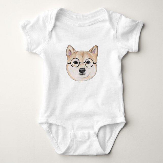 Shiba Inu with Oversized Round Framed Glasses Baby Bodysuit (Front)