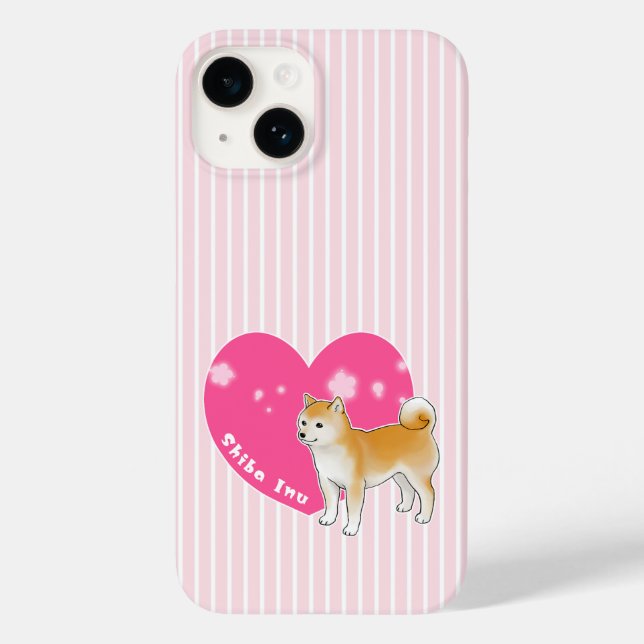 Shiba Inu with Pink Heart and Stripes Case-Mate iPhone Case (Back)