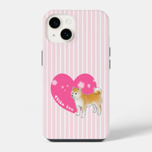 Shiba Inu with Pink Heart and Stripes iPhone 14 Case