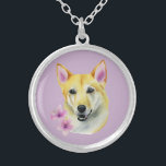 Shiba Inu with Sakura Watercolor Painting Silver Plated Necklace<br><div class="desc">This is a watercolor painting of a shiba inu mix dog with two sakura (cherry blossom) flowers on the side.</div>