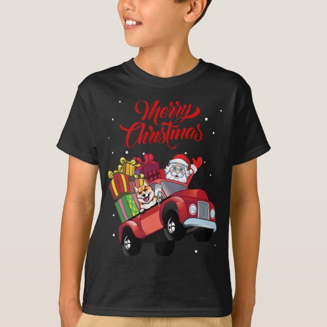 Shiba Inu With Santa Claus In Red Truck Dog T-Shirt (Front)