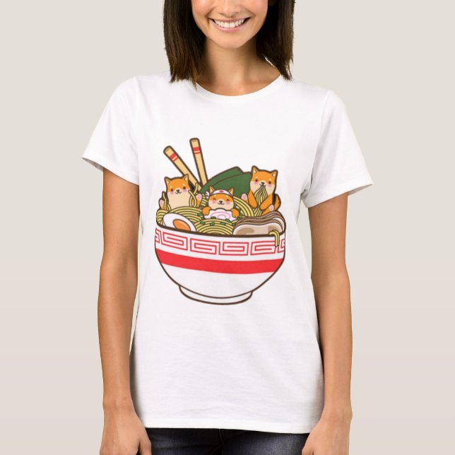 Shibas Inu Eating Ramen Noodles T Shirt, Kawaii T-Shirt (Front)